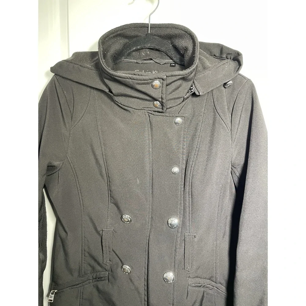Calvin Klein Hooded Winter Coat Women's Size PM Black Mid-length Heavy Trench